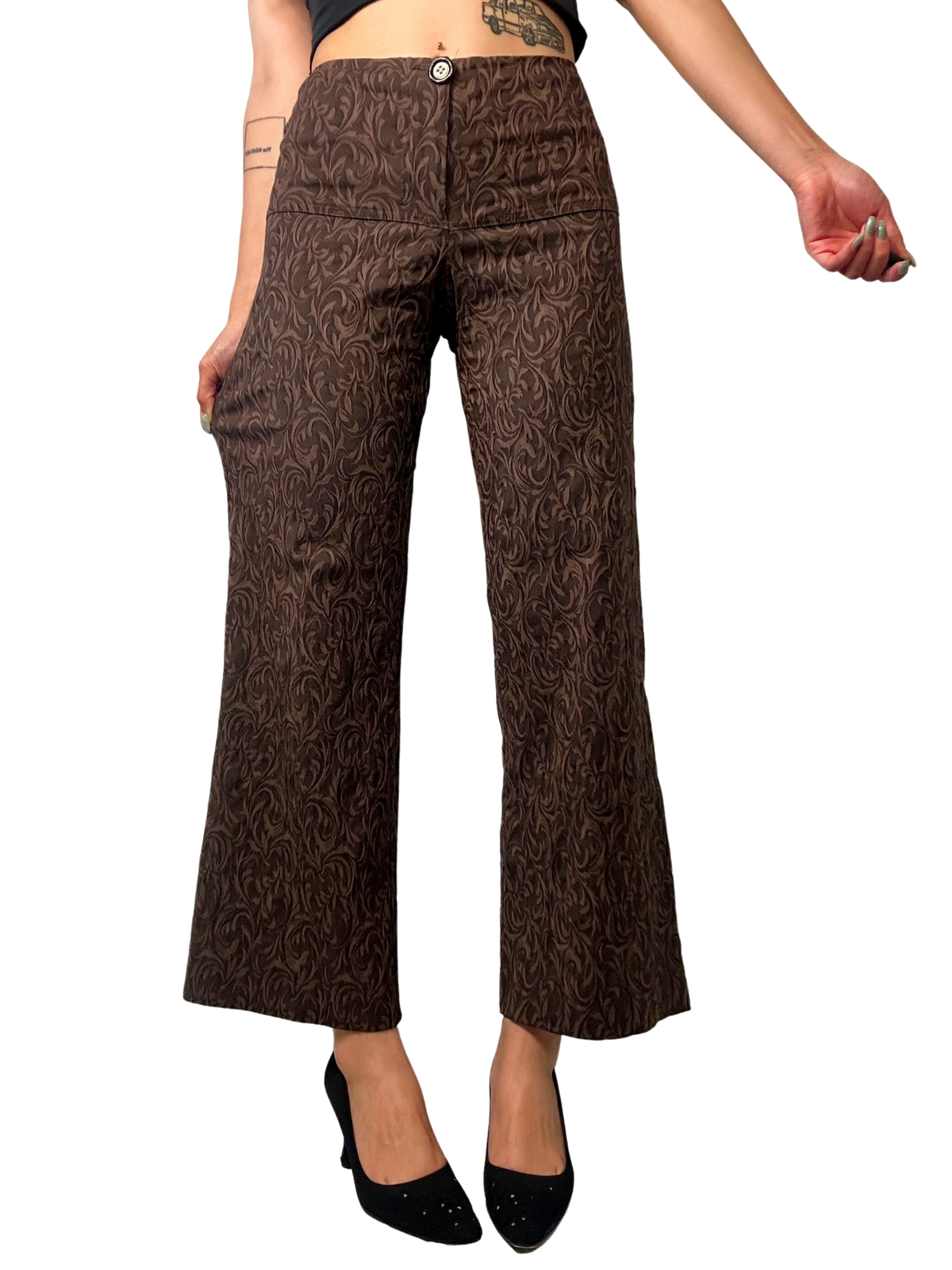 2000s  Brocade Style Fleur-De-Lis Emboridered Flare Trousers