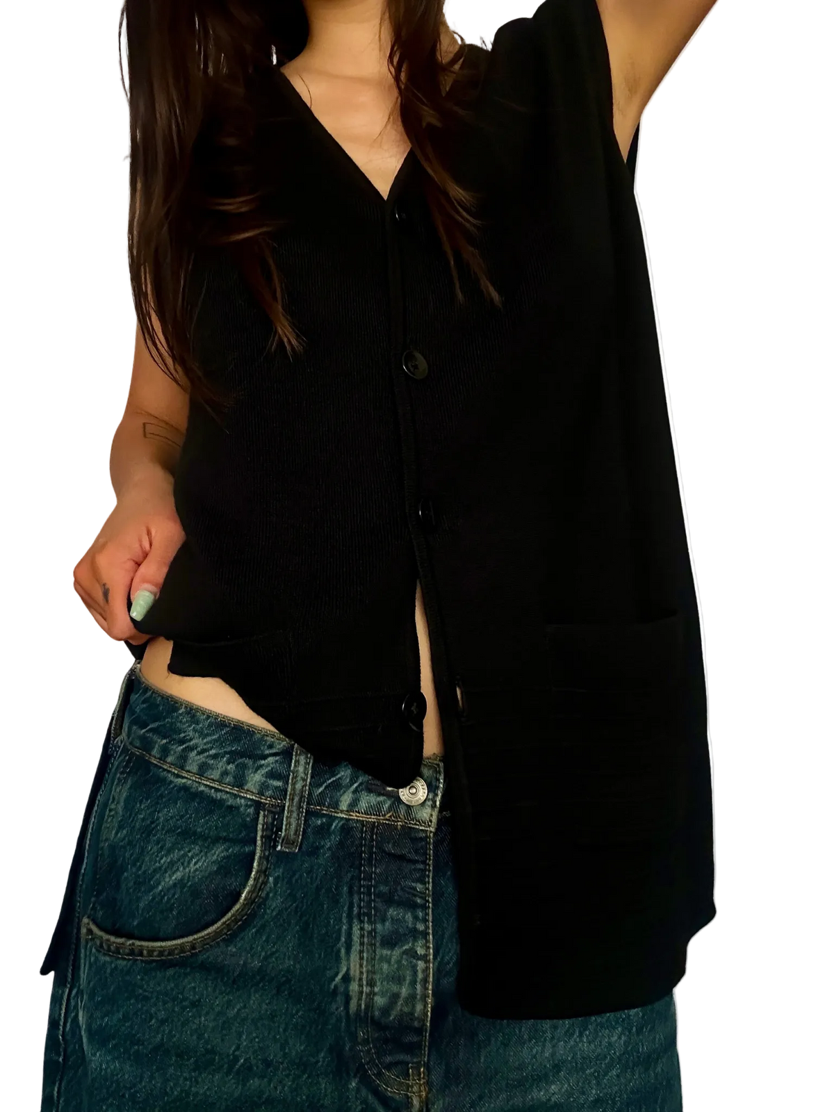 1990s Solid Black Button-Front Cardigan Vest
