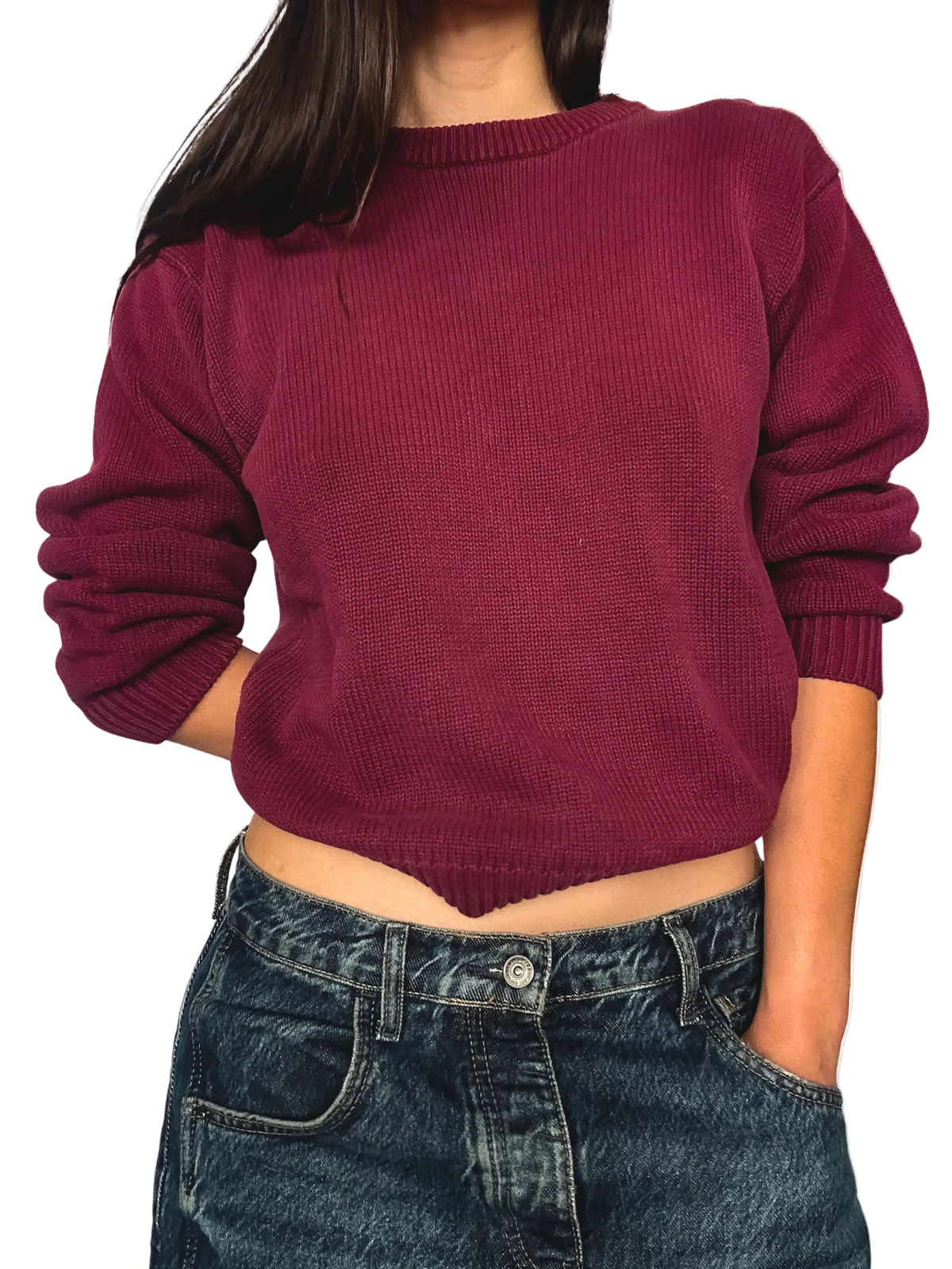 1990s Fine-rib Knit Burgundy Crewneck