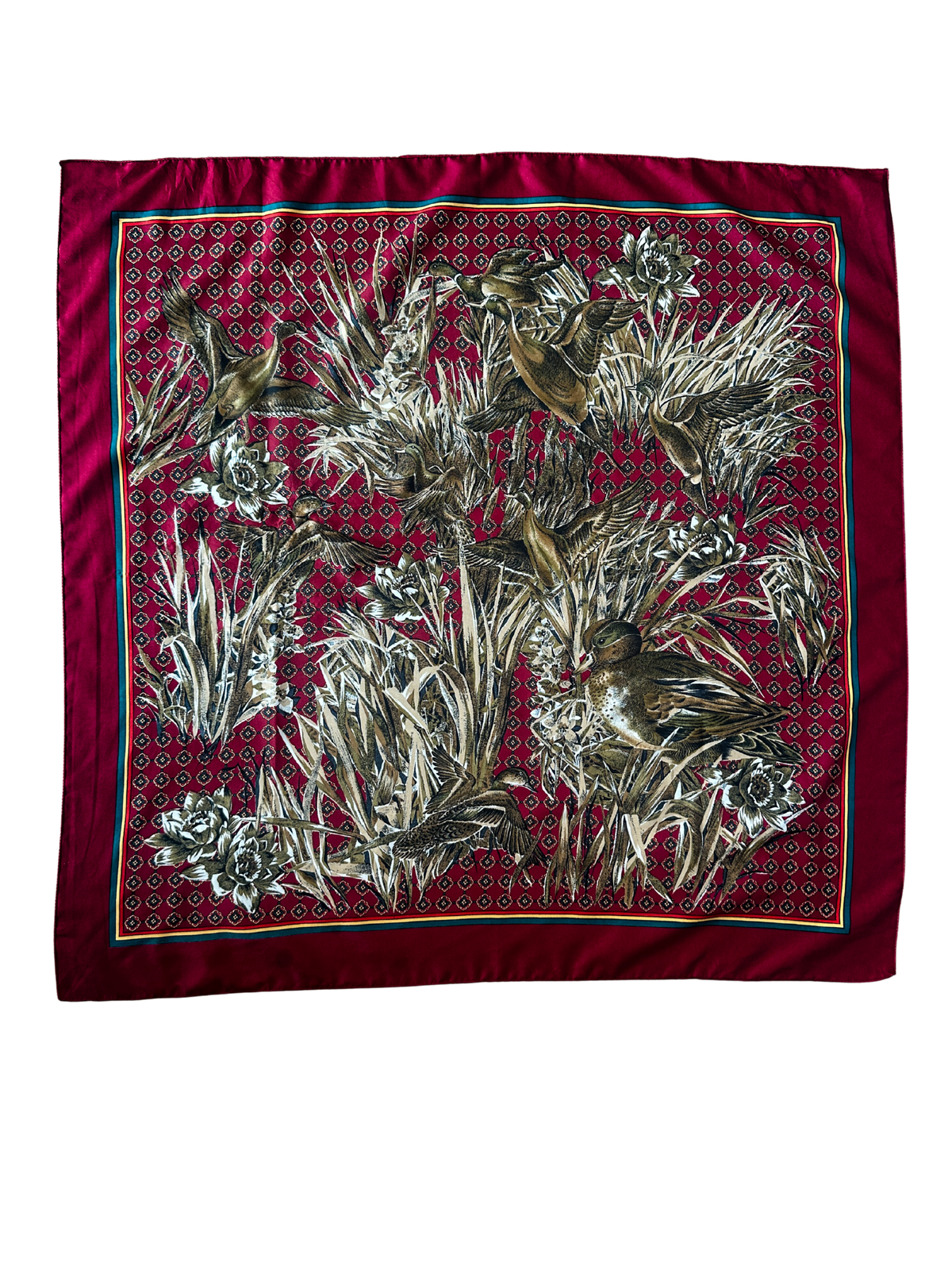 1990s Burgundy Jewel-tone Waterfowl Silk Scarf