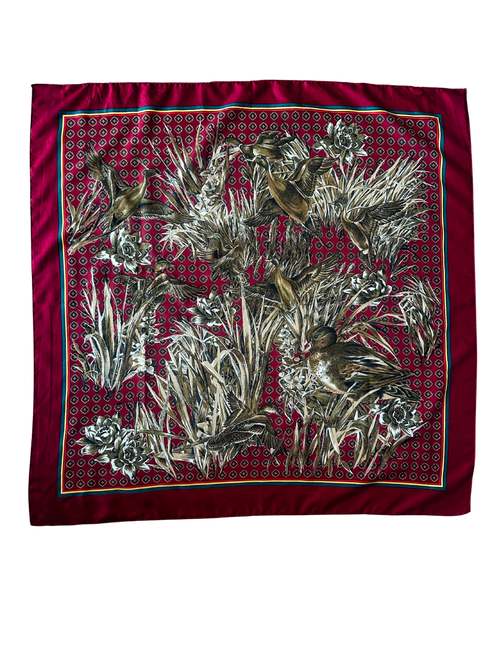 1990s Burgundy Jewel-tone Waterfowl Silk Scarf