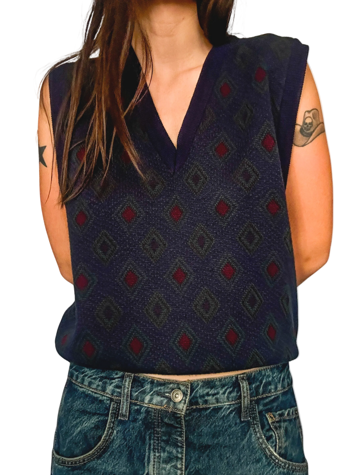 1980s Navy & Burgundy Diamond Argyle V-Neck Sweater Vest