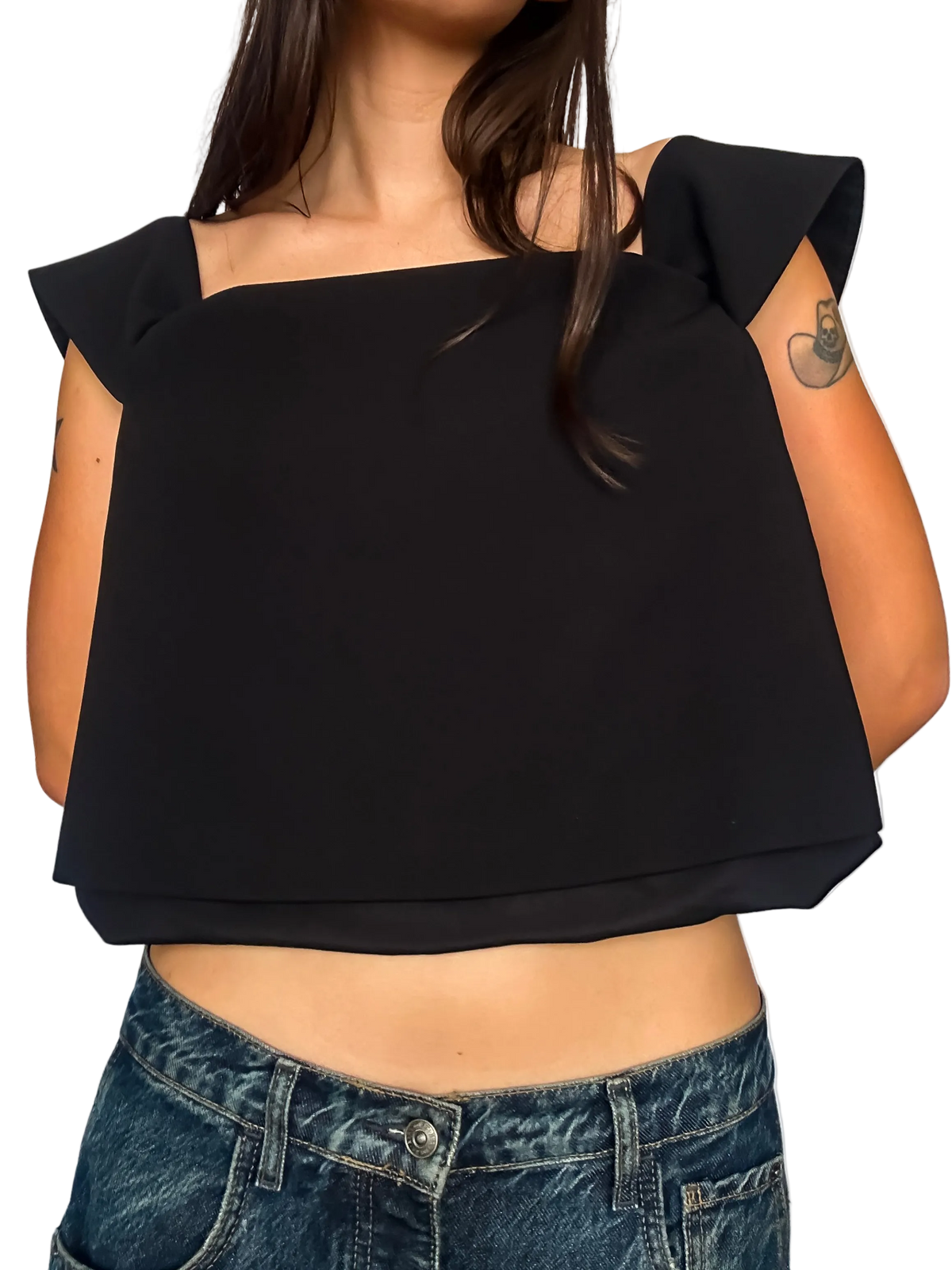 2000s Boxy Modernist Structured Cap Sleeve Square-Neck Crop Top