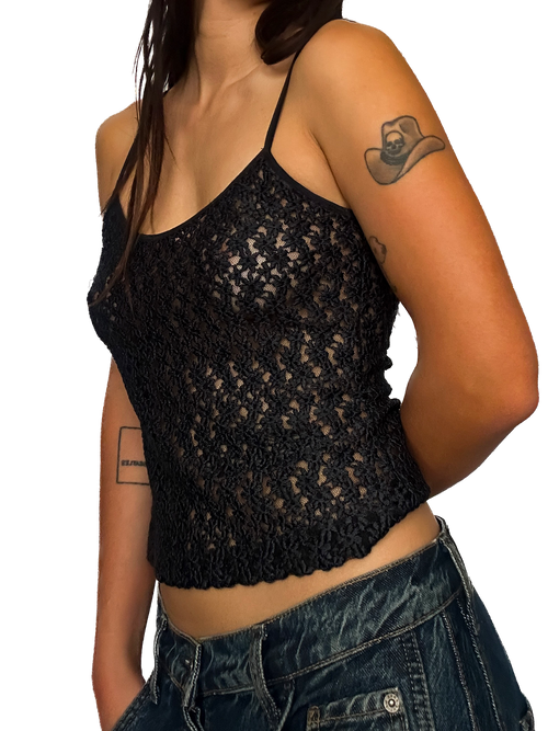1990s Black Sheer Floral Lace Camisole Top