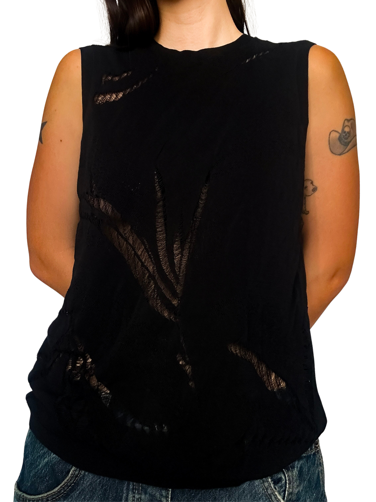 Botanical Cutout Delicate Ladder Knit Sleeveless Crewneck Top