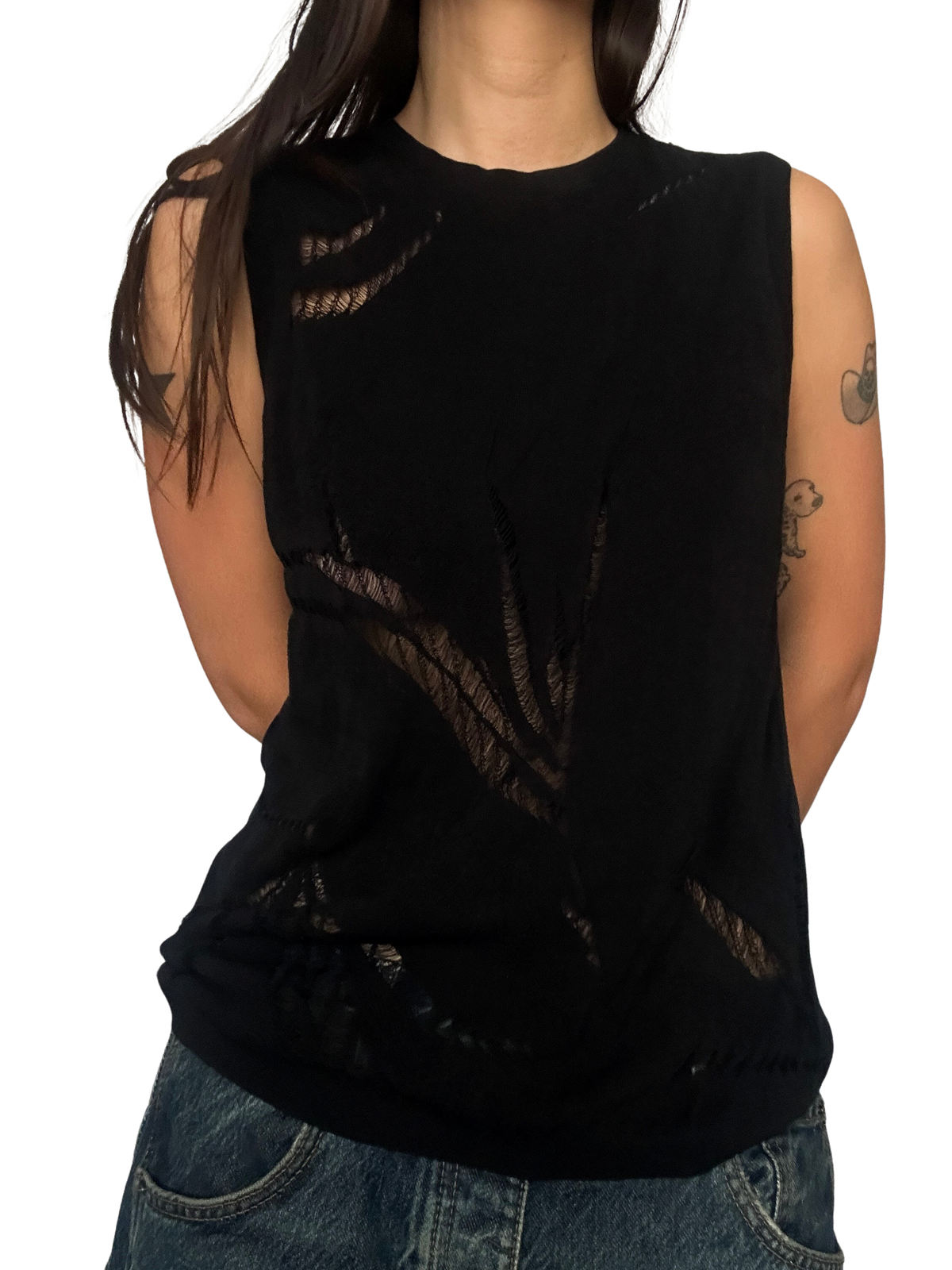 Botanical Cutout Delicate Ladder Knit Sleeveless Crewneck Top