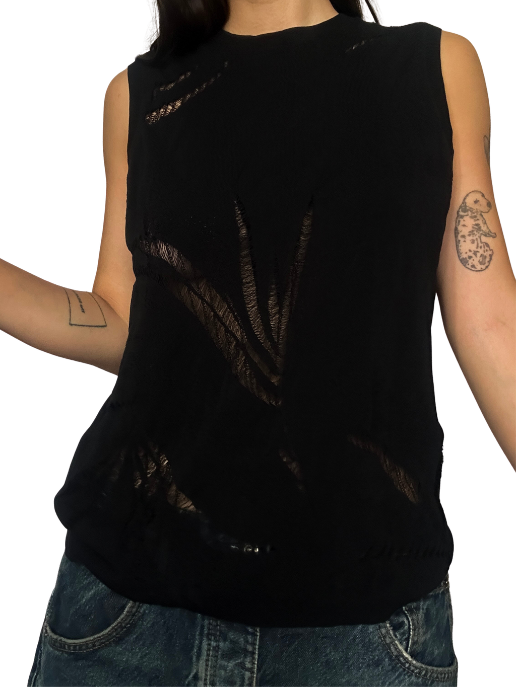Botanical Cutout Delicate Ladder Knit Sleeveless Crewneck Top