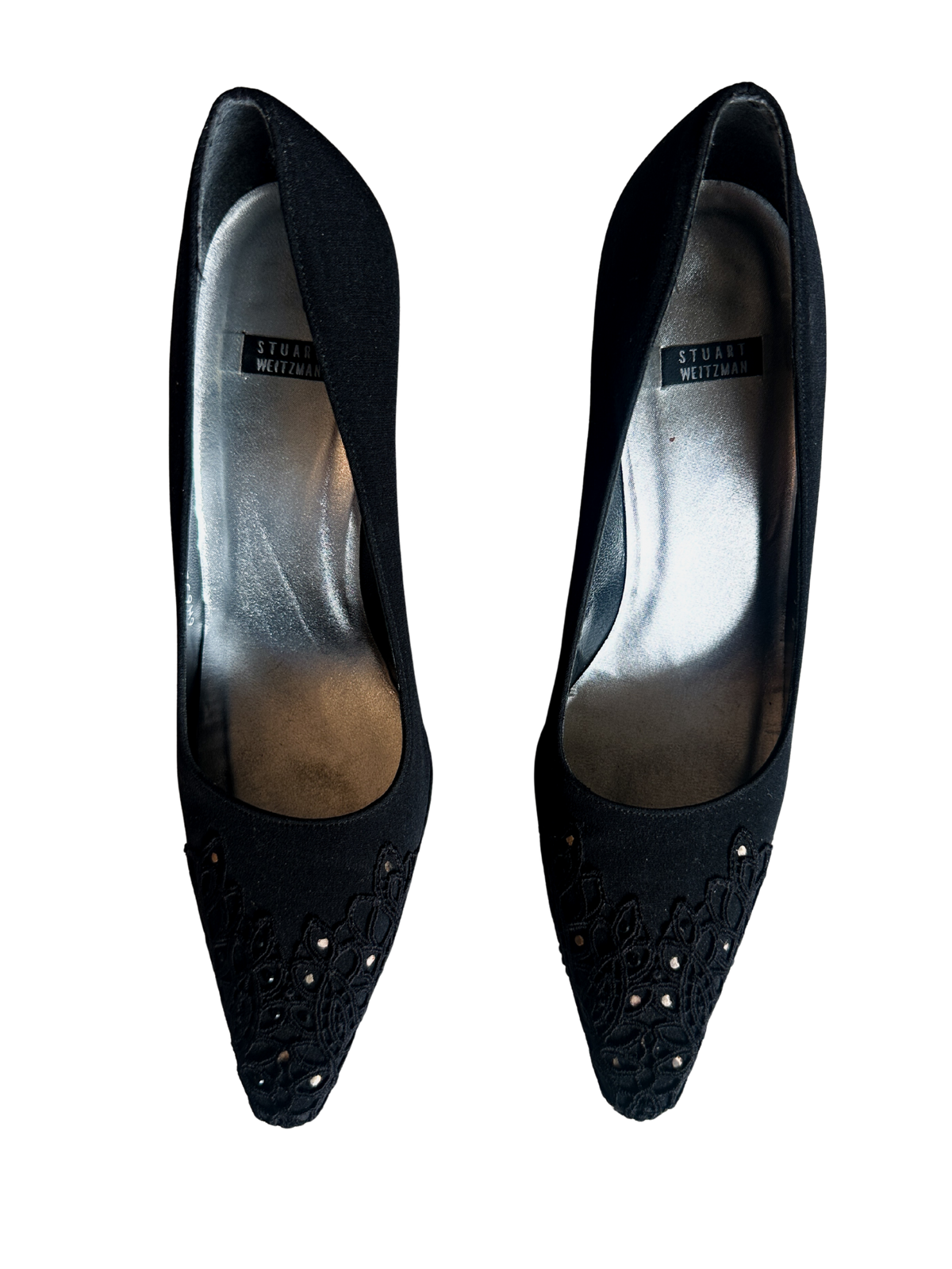 1990s Stuart Weitzman Black Lace Pointed Toe Rhinestone Mid Heels