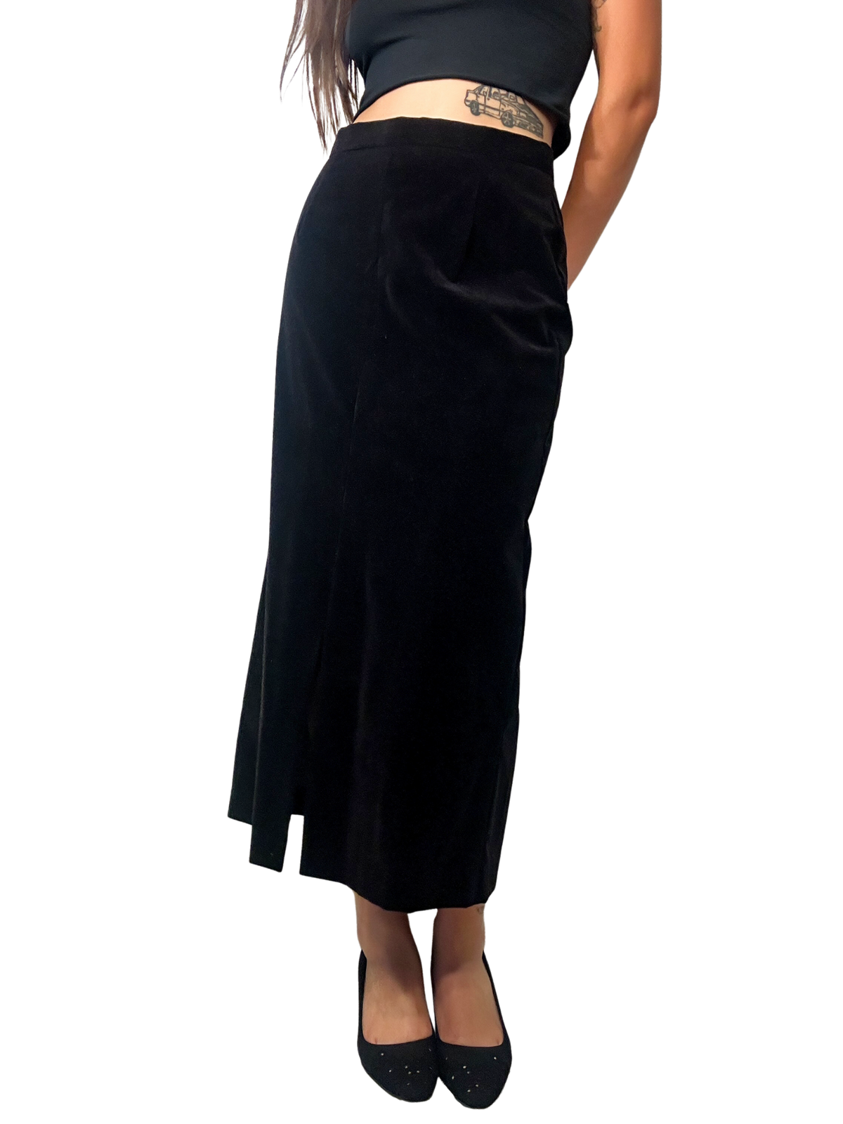 1990s Black Velvet Front-Slit Midi Skirt
