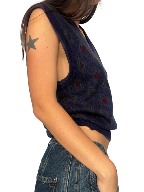 1980s Navy & Burgundy Diamond Argyle V-Neck Sweater Vest