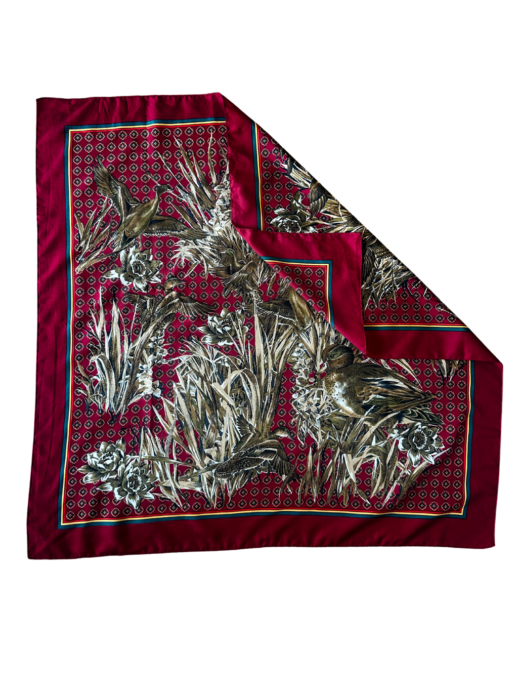 1990s Burgundy Jewel-tone Waterfowl Silk Scarf