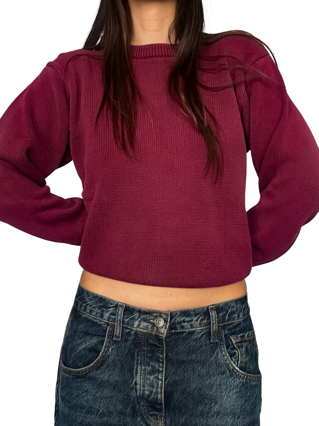 1990s Fine-rib Knit Burgundy Crewneck
