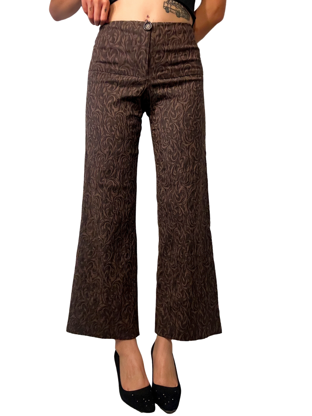 2000s  Brocade Style Fleur-De-Lis Emboridered Flare Trousers
