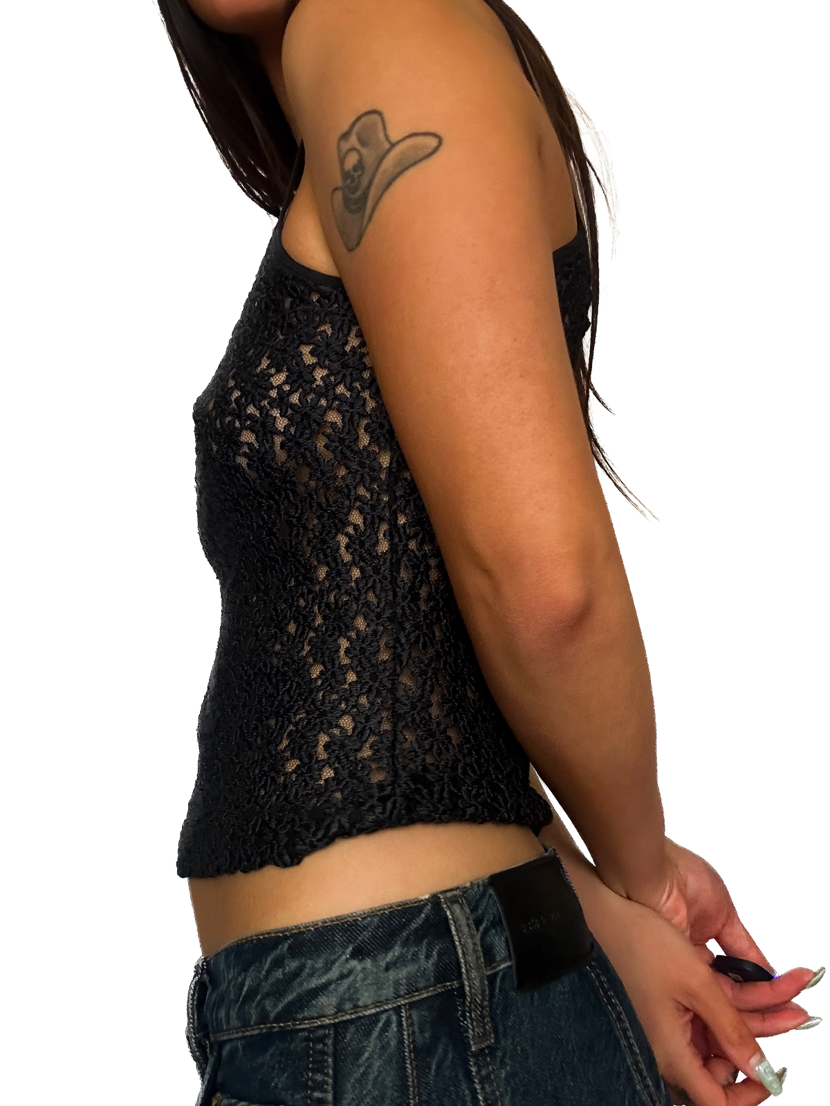 1990s Black Sheer Floral Lace Camisole Top