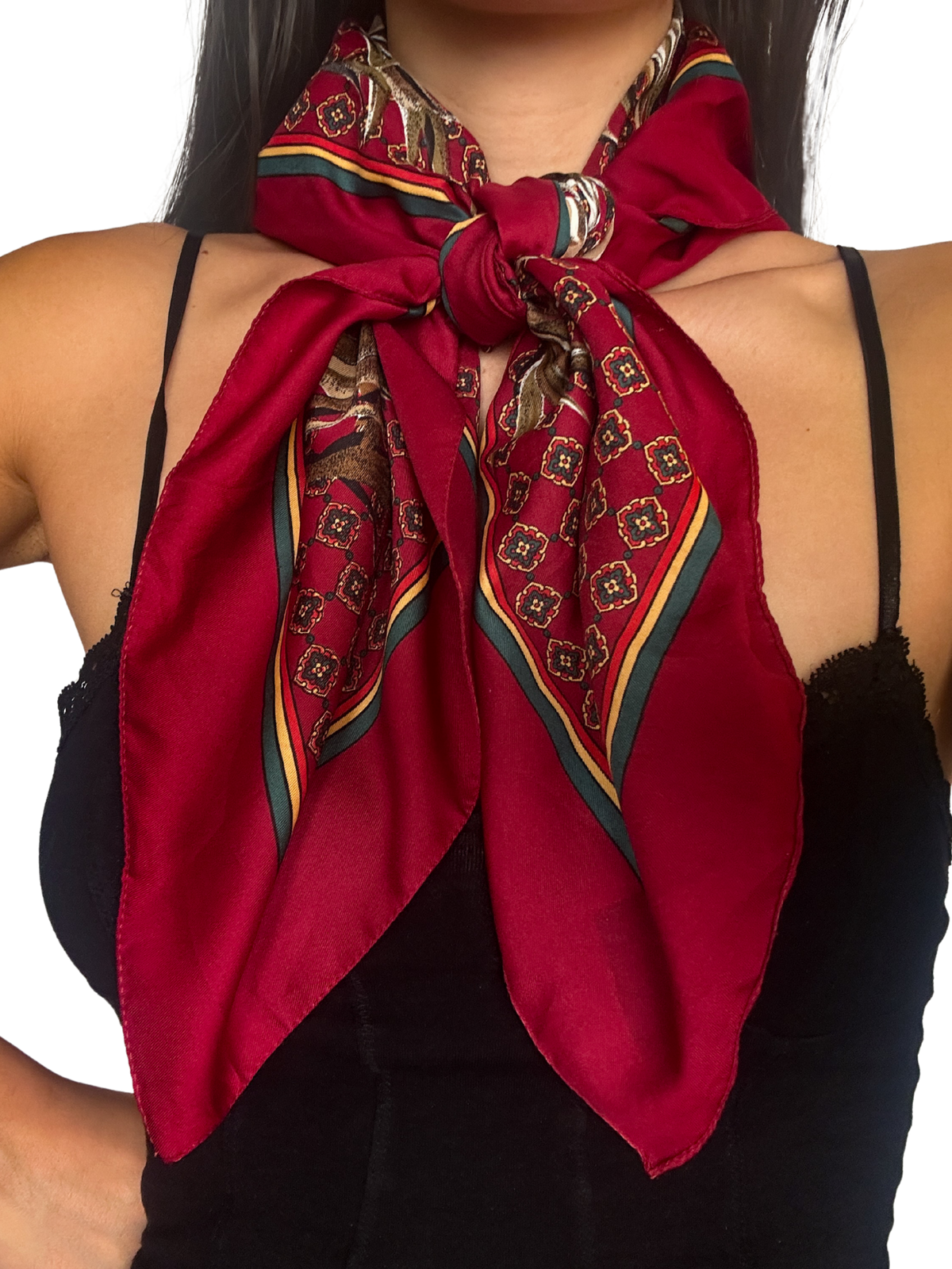 1990s Burgundy Jewel-tone Waterfowl Silk Scarf