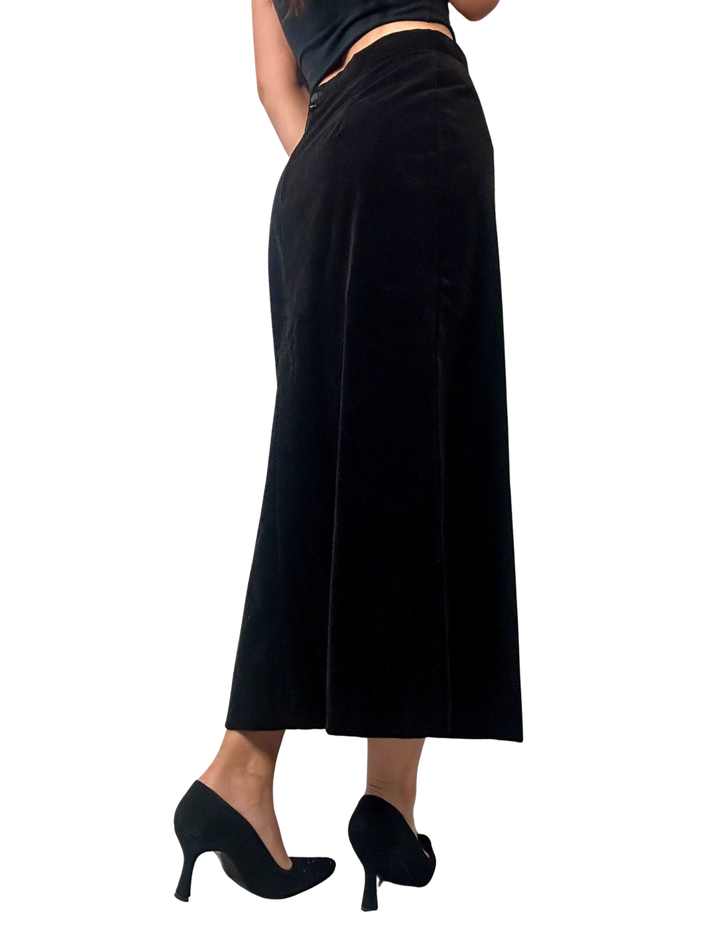 1990s Black Velvet Front-Slit Midi Skirt
