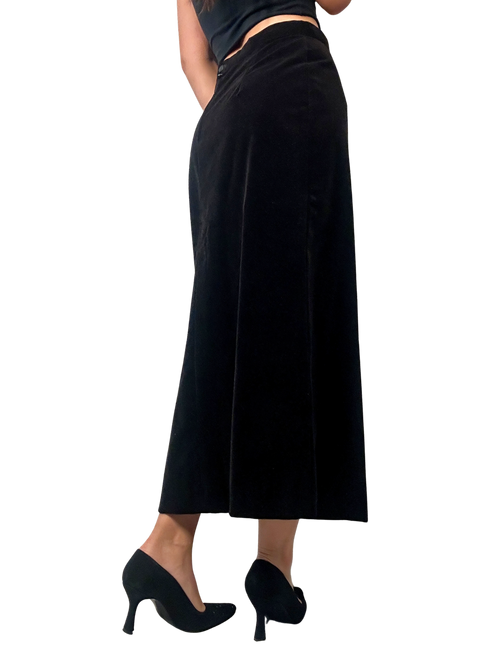 1990s Black Velvet Front-Slit Midi Skirt