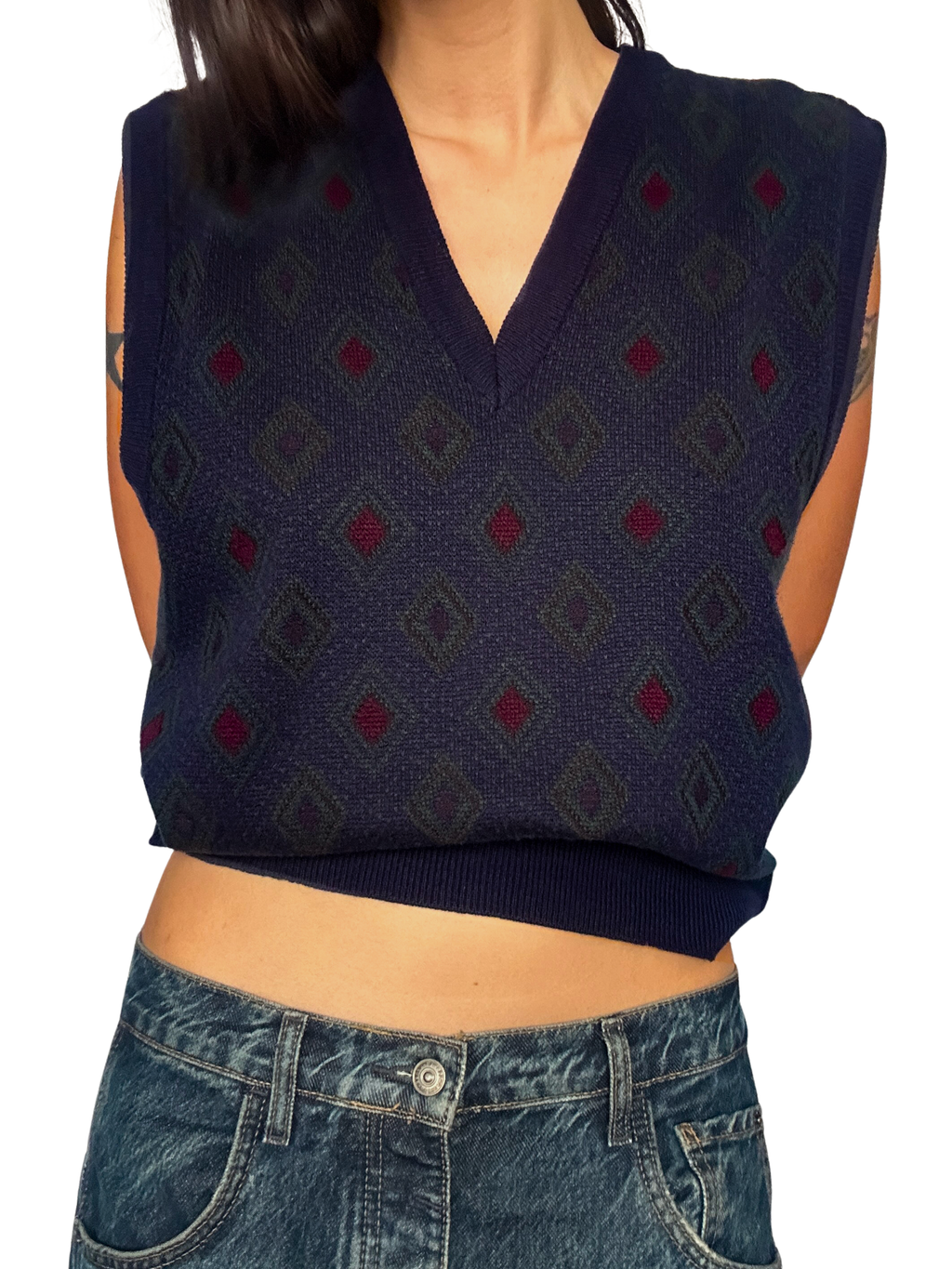 1980s Navy & Burgundy Diamond Argyle V-Neck Sweater Vest
