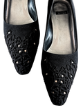 1990s Stuart Weitzman Black Lace Pointed Toe Rhinestone Mid Heels