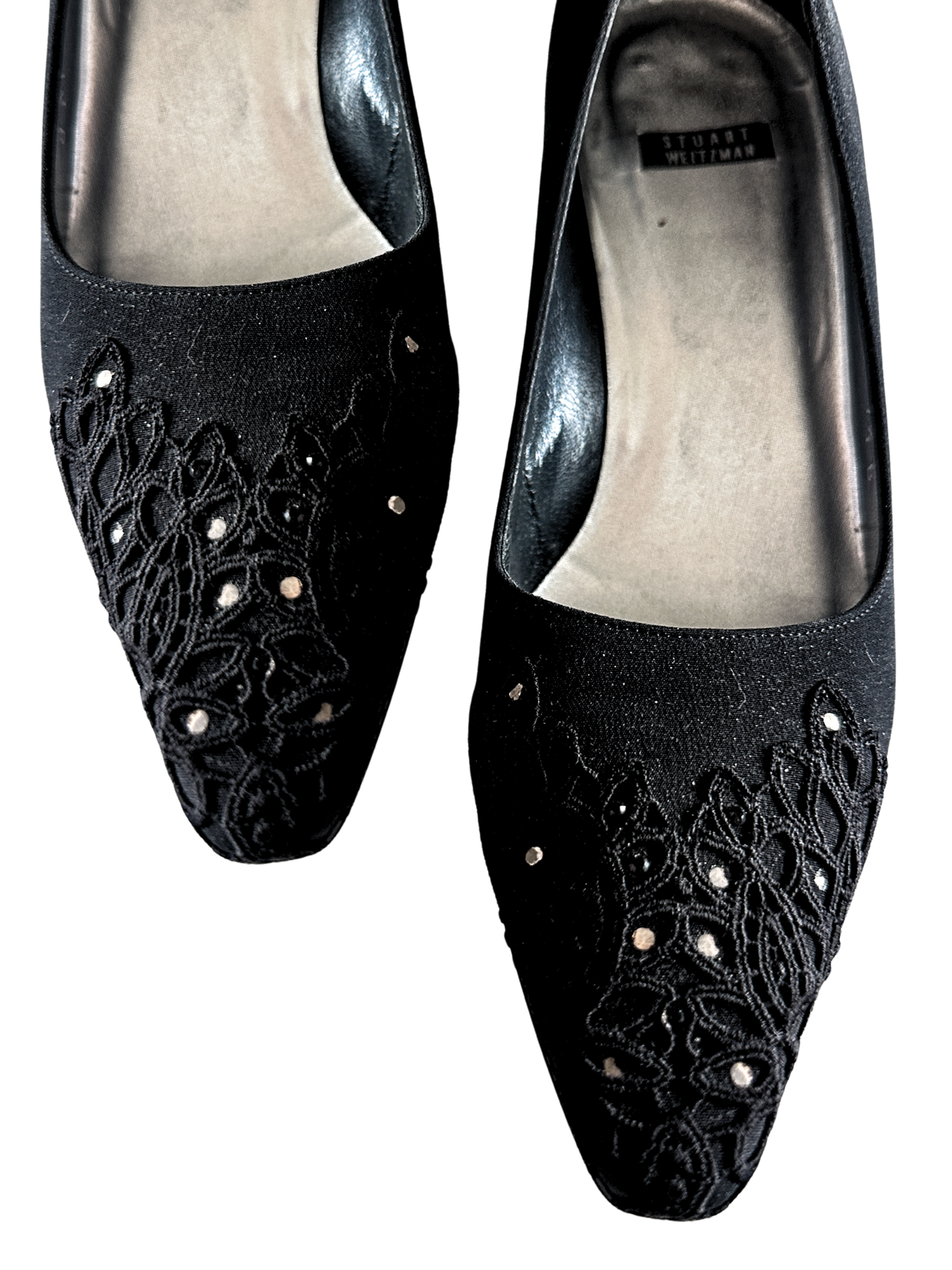 1990s Stuart Weitzman Black Lace Pointed Toe Rhinestone Mid Heels