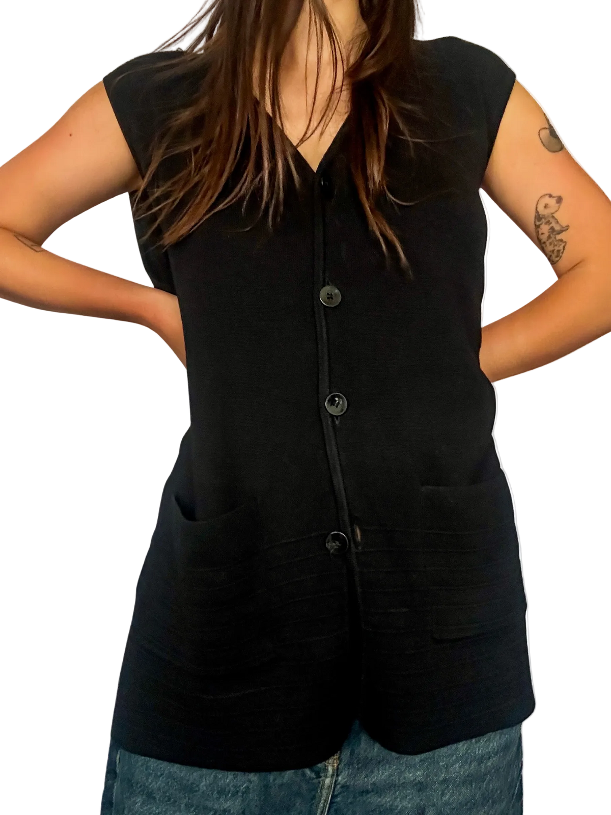 1990s Solid Black Button-Front Cardigan Vest