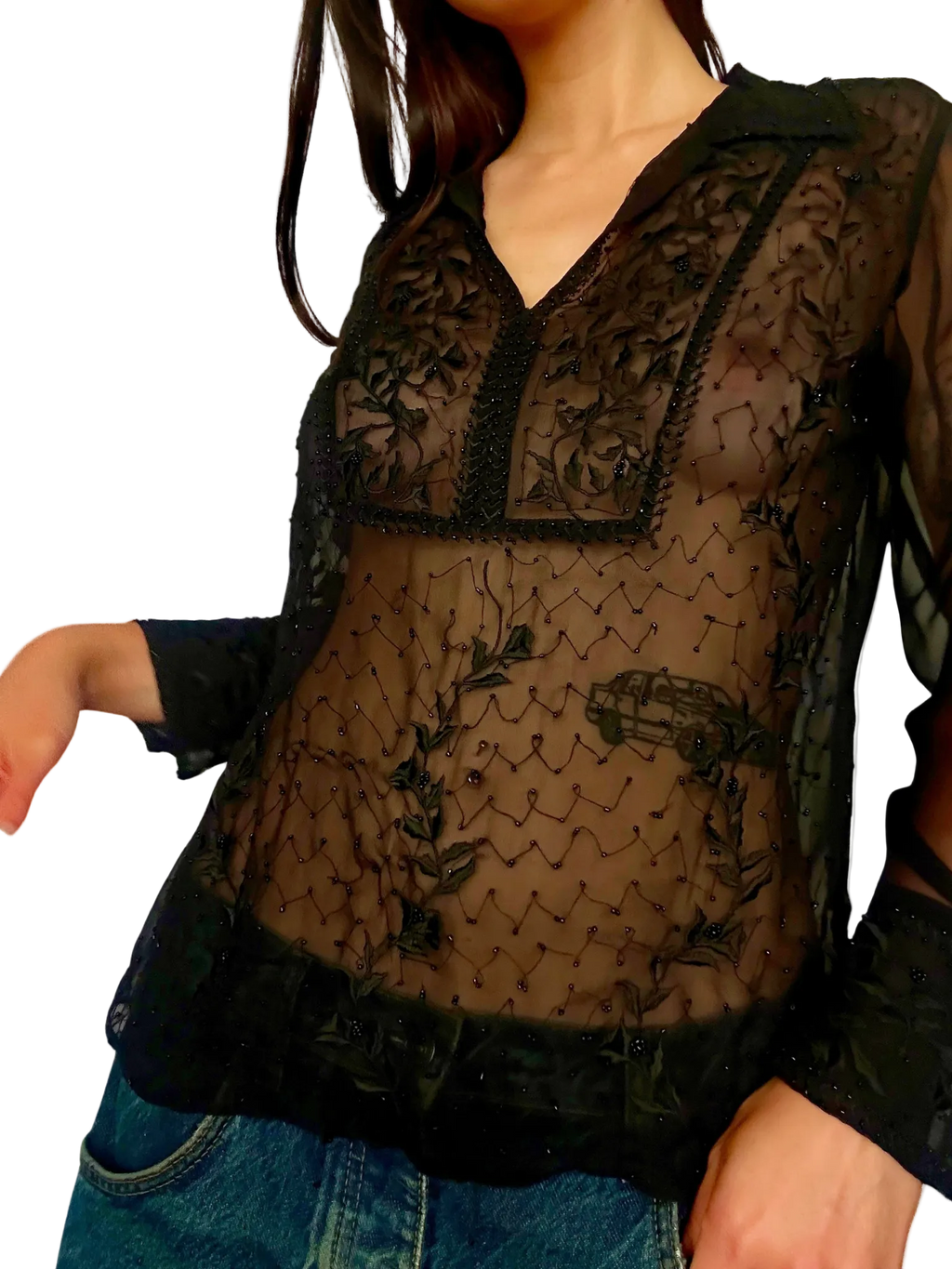 1990s Sheer Beaded + Embroidered Blouse