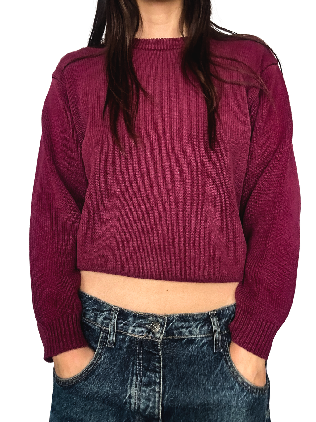 1990s Fine-rib Knit Burgundy Crewneck