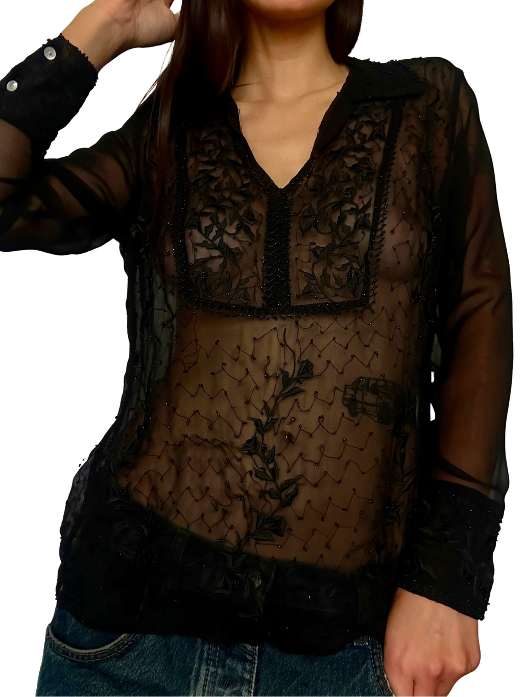 1990s Sheer Beaded + Embroidered Blouse