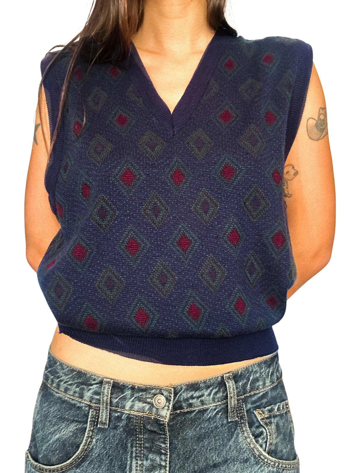 1980s Navy & Burgundy Diamond Argyle V-Neck Sweater Vest