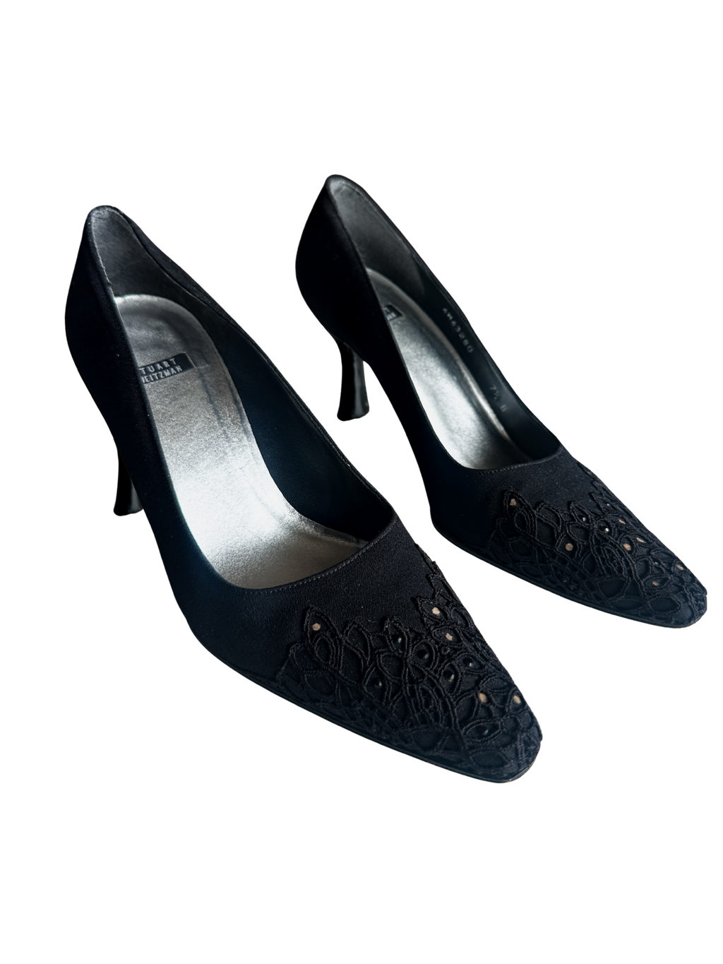 1990s Stuart Weitzman Black Lace Pointed Toe Rhinestone Mid Heels