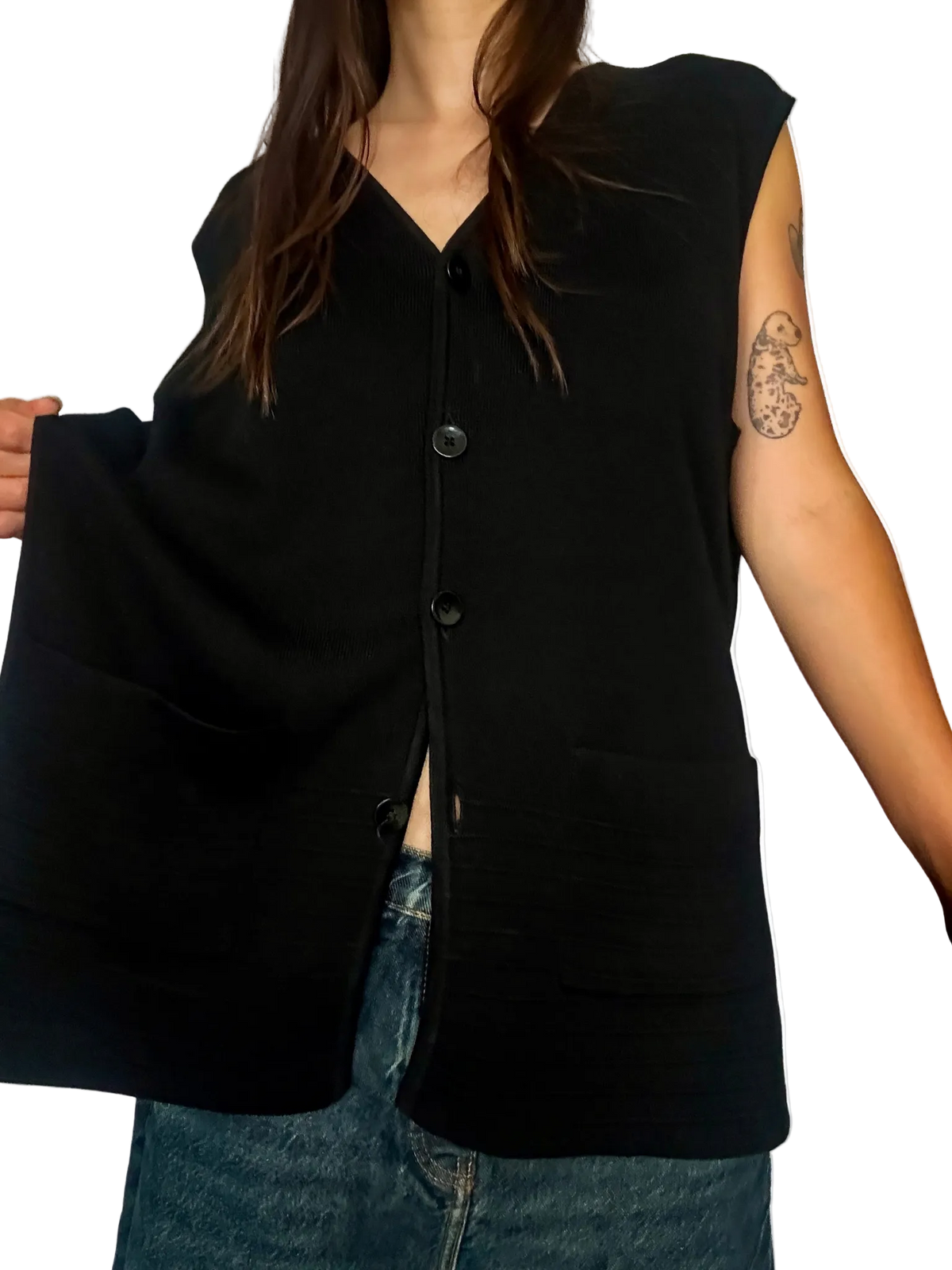 1990s Solid Black Button-Front Cardigan Vest