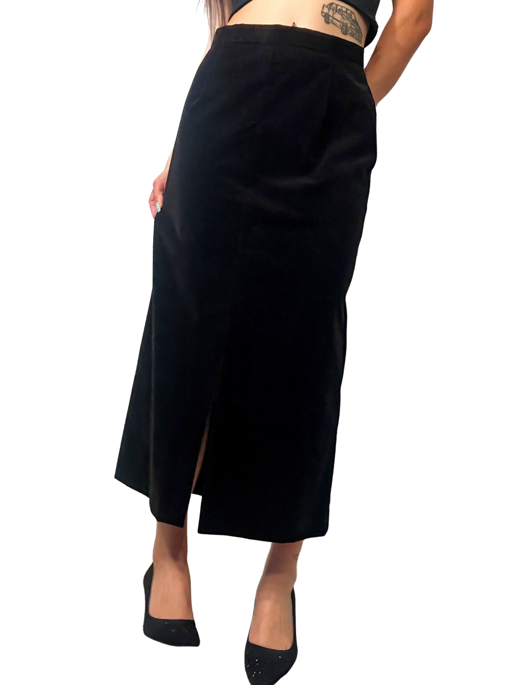 1990s Black Velvet Front-Slit Midi Skirt