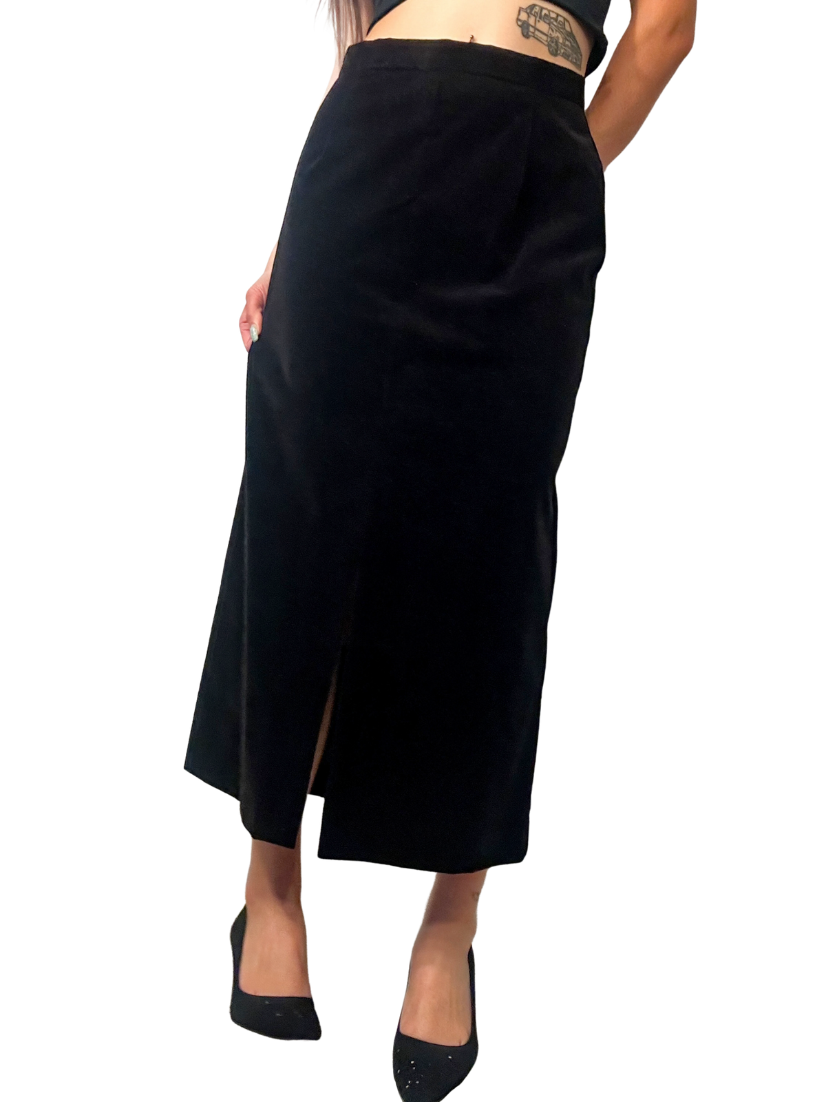 1990s Black Velvet Front-Slit Midi Skirt