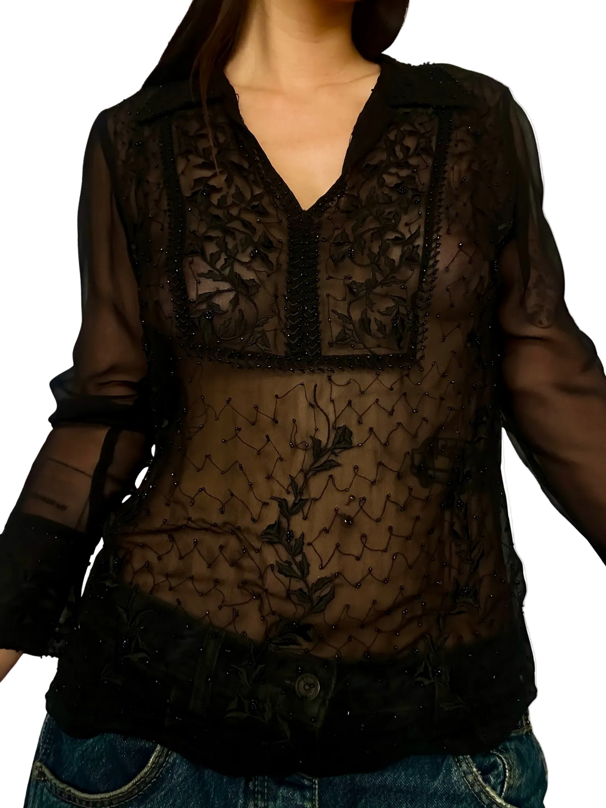 1990s Sheer Beaded + Embroidered Blouse