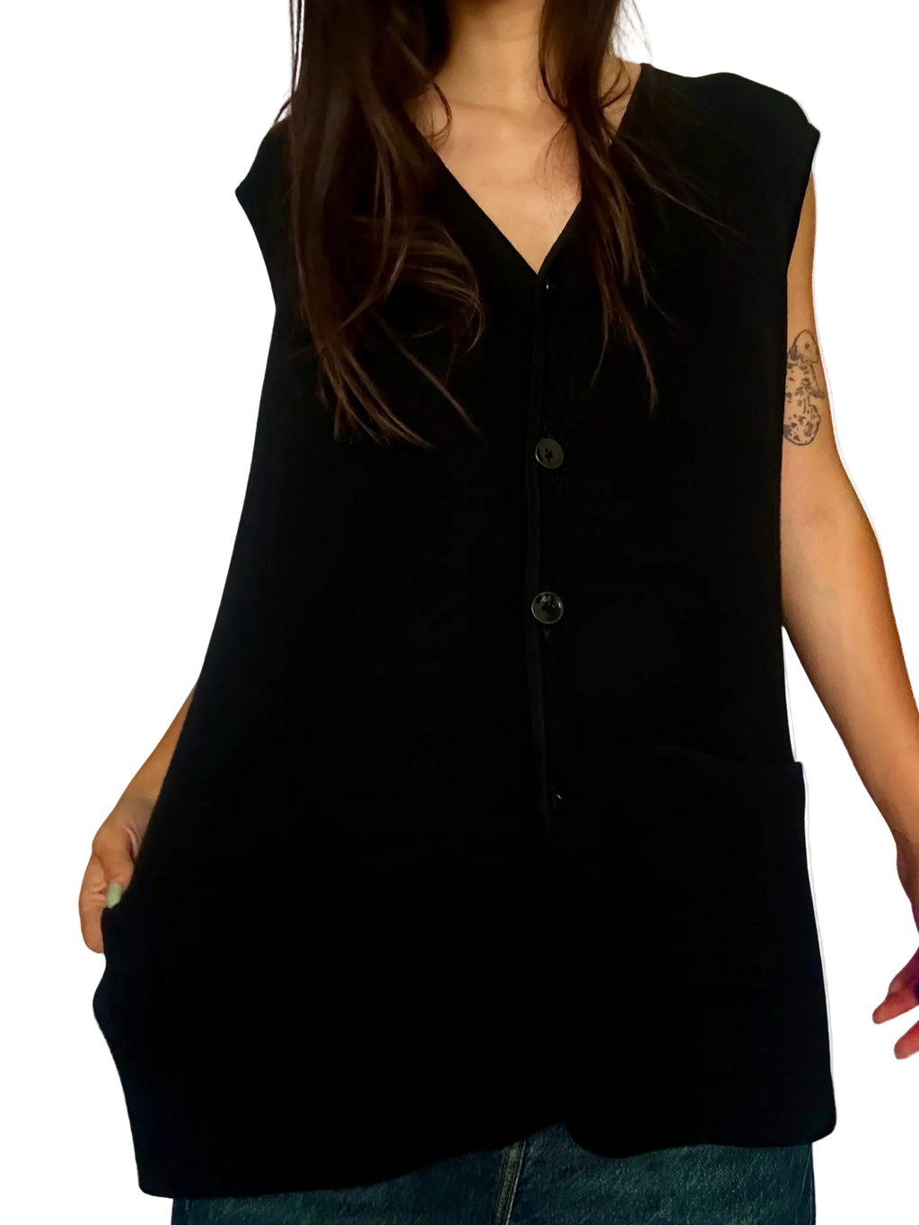 1990s Solid Black Button-Front Cardigan Vest