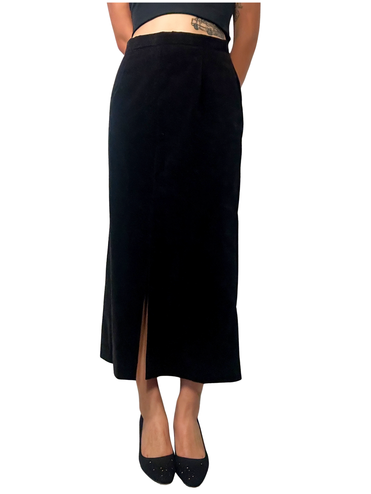 1990s Black Velvet Front-Slit Midi Skirt