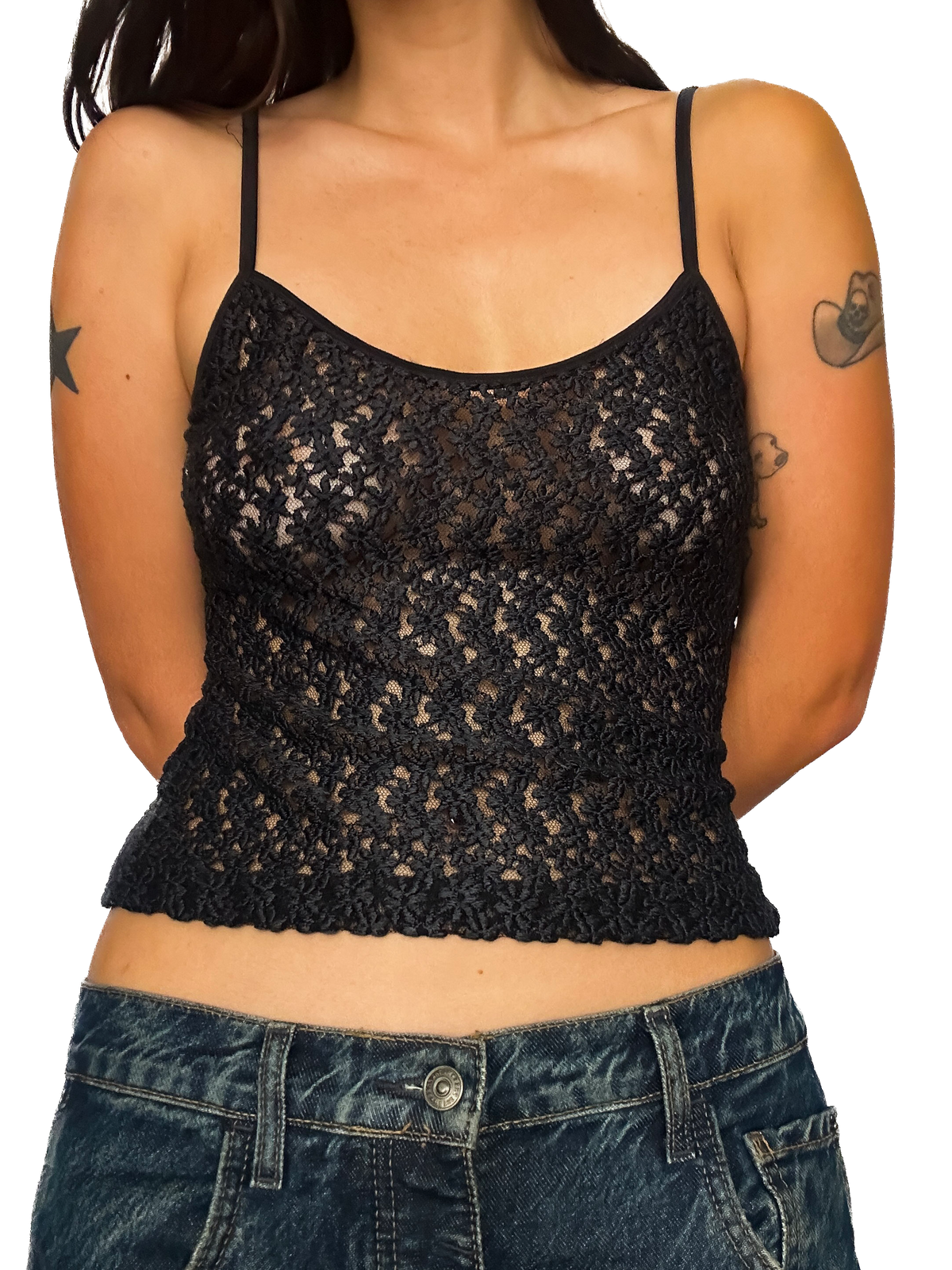 1990s Black Sheer Floral Lace Camisole Top