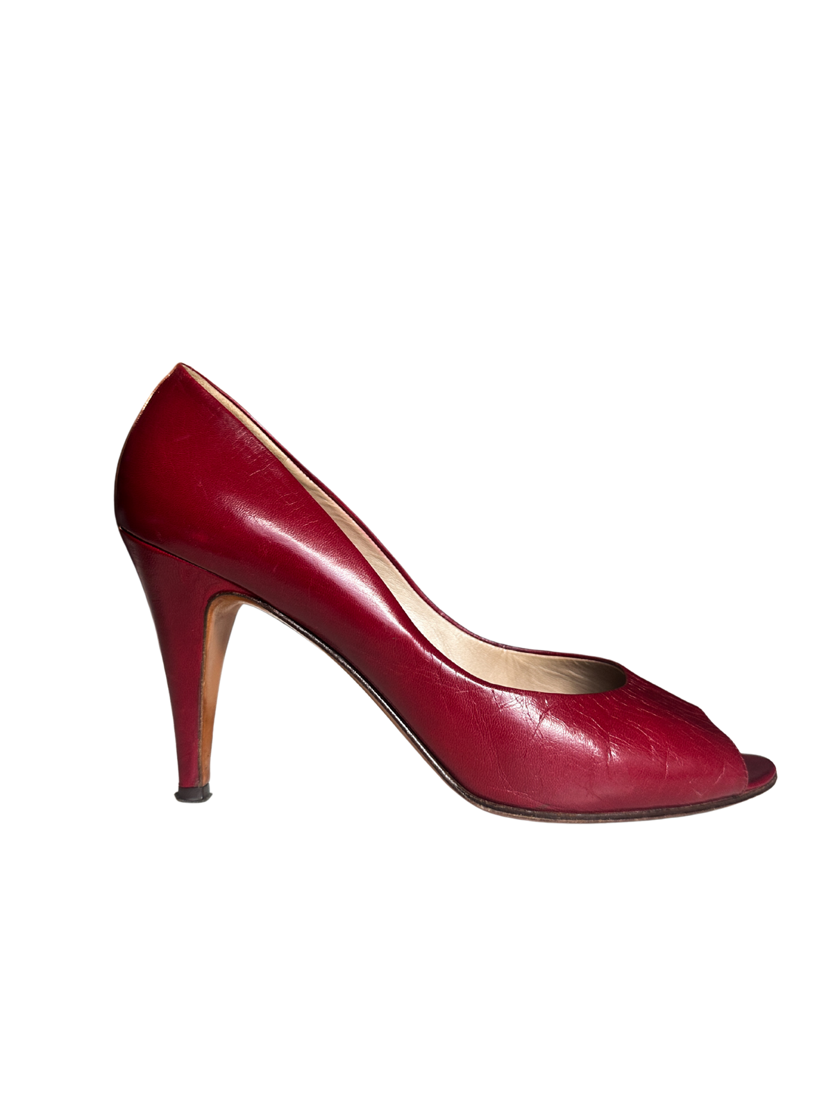 1990s Italian Leather Deep Cherry Peep Toe Stiletto Heels