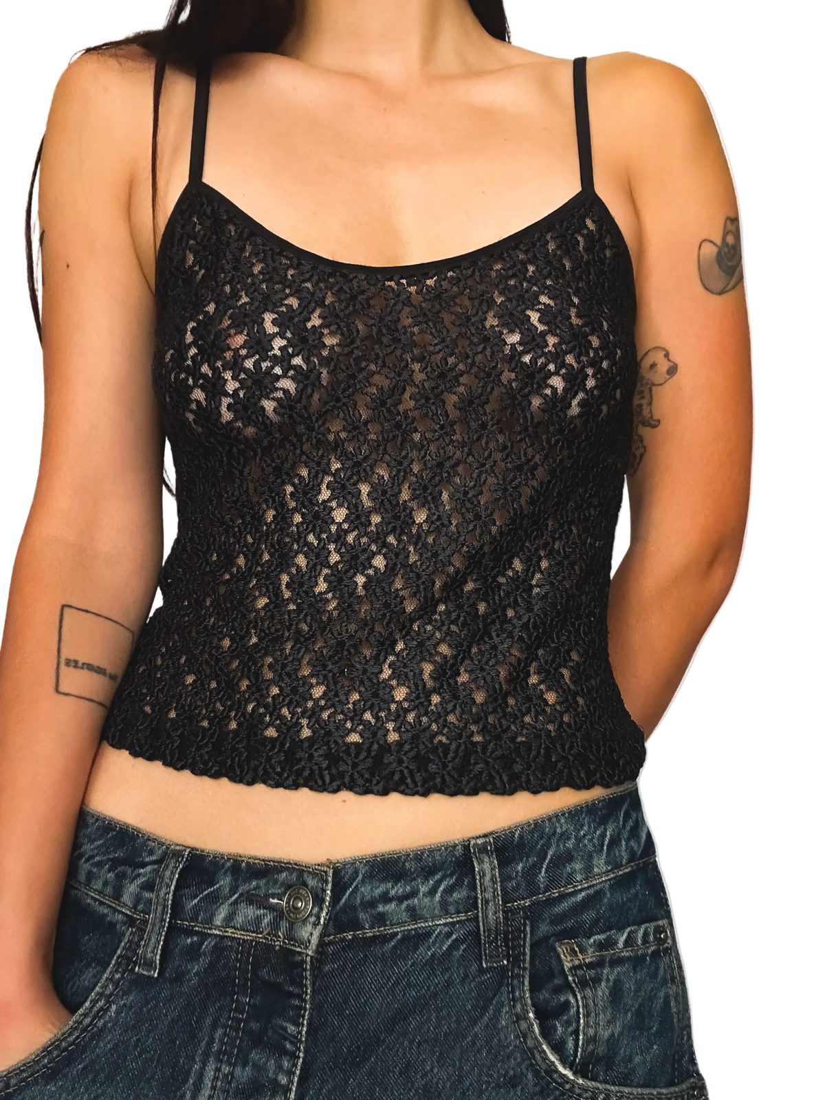 1990s Black Sheer Floral Lace Camisole Top